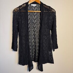 Papillon Black Crochet Knit Open Front Cardigan Sweater 3/4 Sleeve Medium Gothic